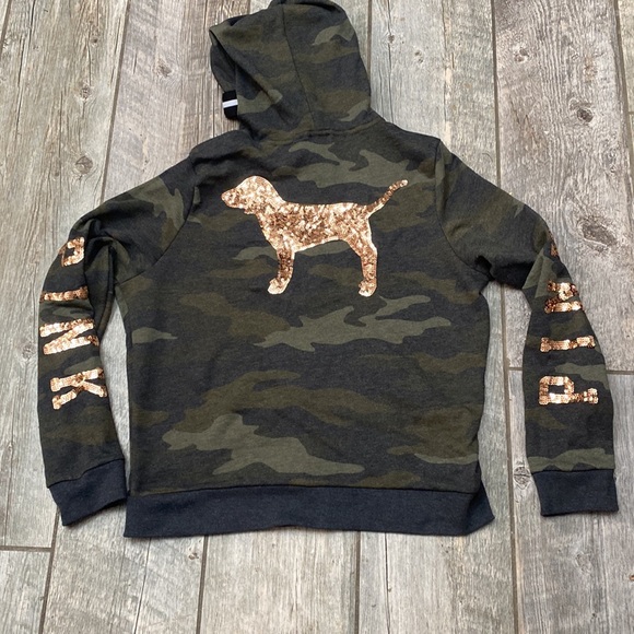 VICTORIA'S SECRET PINK CAMOUFLAGE CAMO ROSE GOLD BLING HOODIE L - Picture 6 of 8